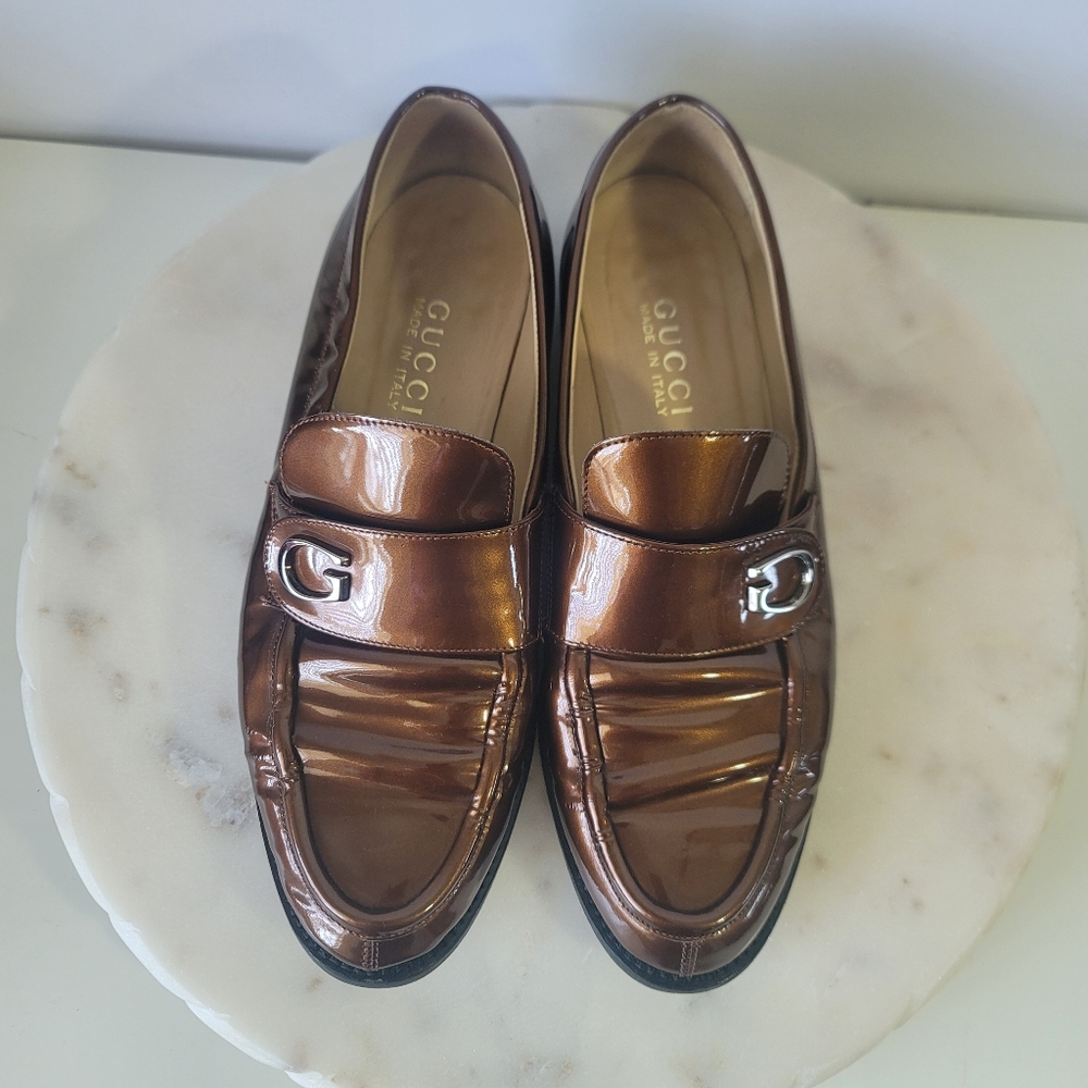 Vintage Gucci Classic "G" Womens Loafers Cooper Bronze Patent Leather Italy 8 B - Picture 2 of 16